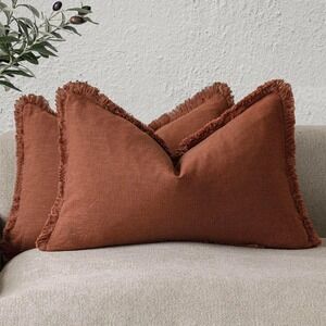 Set of 2 Decorative Linen Fringe Lumbar Throw Pillow Covers Farmhouse Cushion